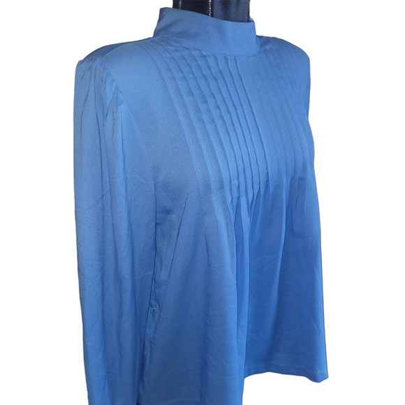 Ann Taylor Light Blue Pleat Detailed High Neck Blouse L - Picture 3 of 7